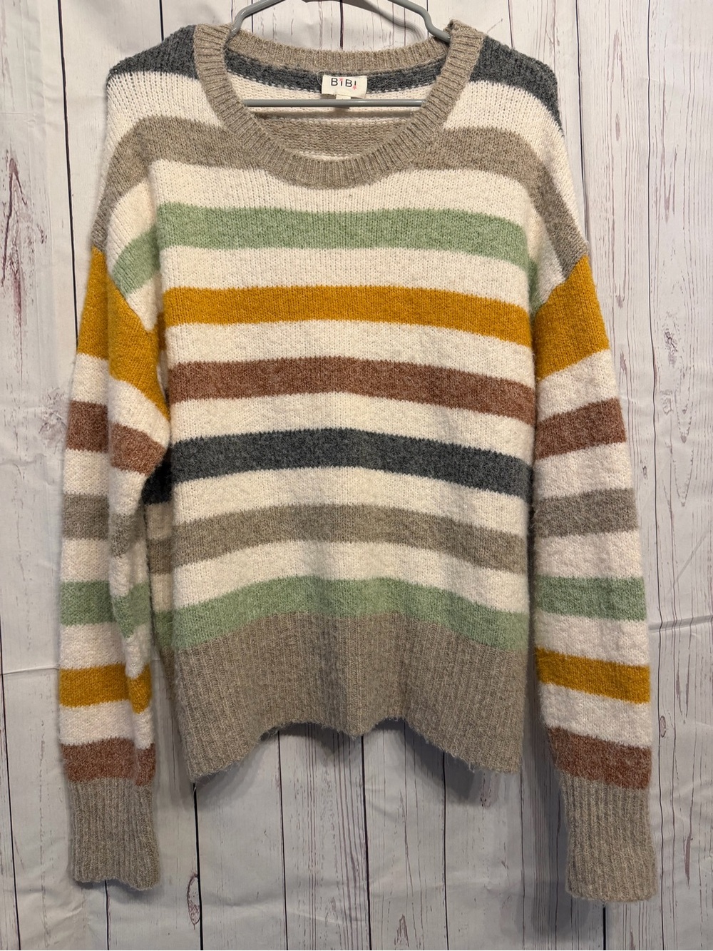 BiBi Cream Striped Crewneck Sweater with Mustard & Sage Accents
